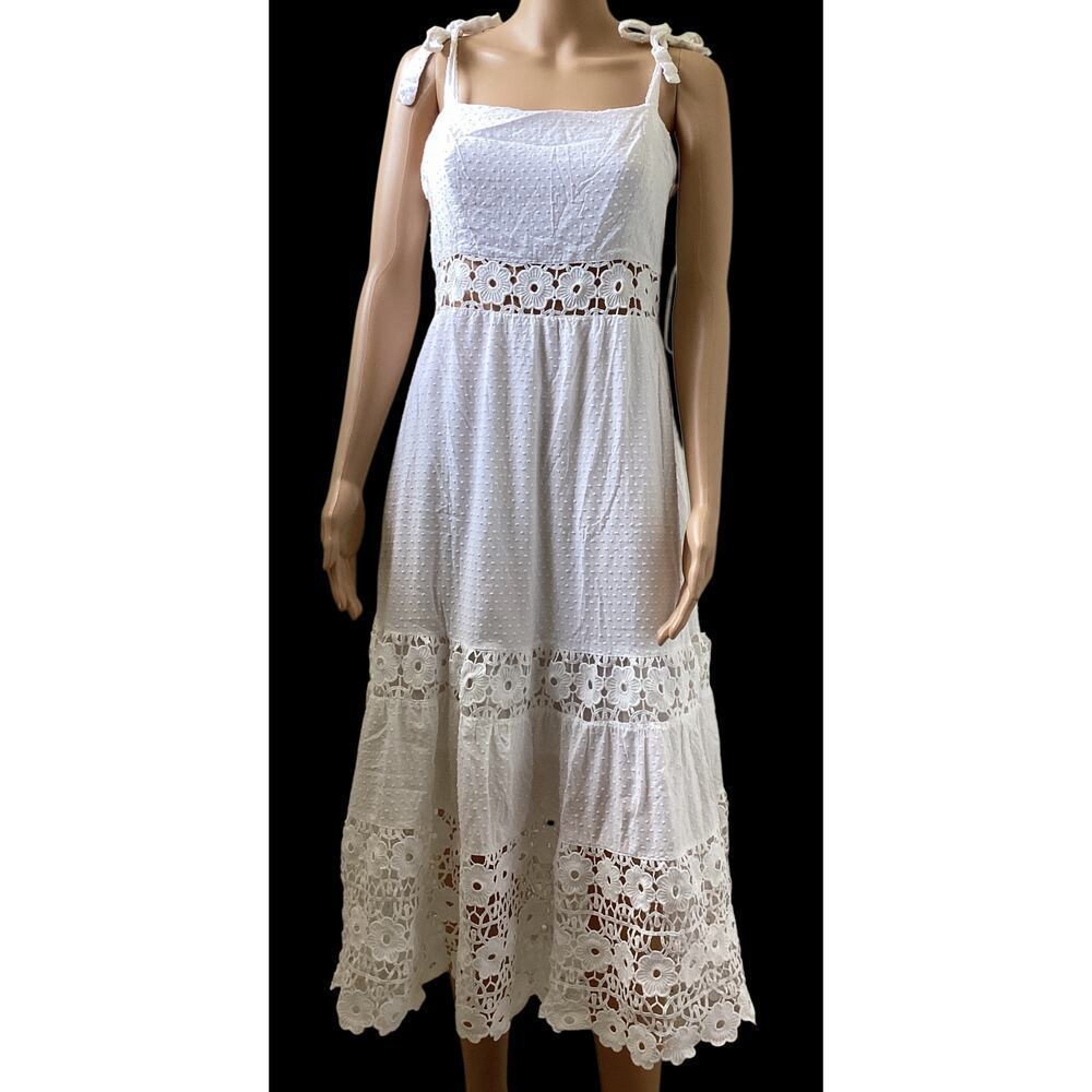 Lulus cherry days white swiss dot tie-strap sleeveless midi dress sz L
